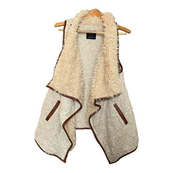 Love Tree Sherpa Vest Wool Blend w/ Vegan Leather Trim Ivory Women’s Large - Picture 3 of 12